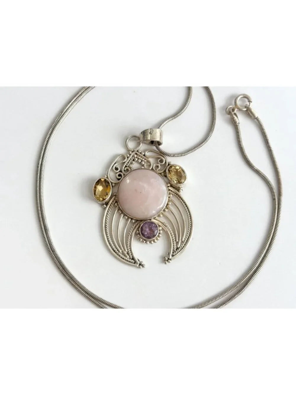 Rose Quartz Amethyst & Citrine Sterling Silver 925 Vintage Pendant Necklace 20